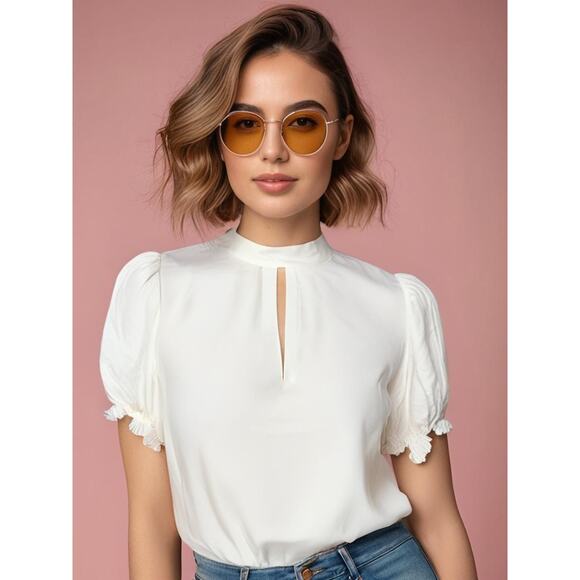 Frame Women's XL Ivory Keyhole Mock Neck Party Blouse Long Ruffle Sleeve - Picture 1 of 6